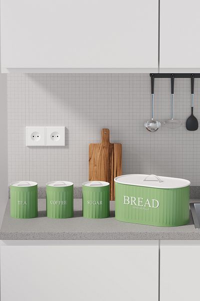 hemlife 4-Piece Bread Set Metal Cover Tea Coffee Sugar Countertop Cabinet Set Green/White