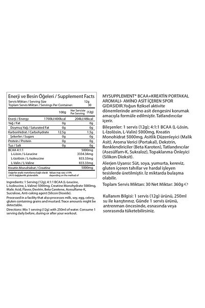 MYSUPPLEMENT Orange Flavor Creatine + Bcaa 360g 30 Servings 50/50 Mix Series Amino Acid