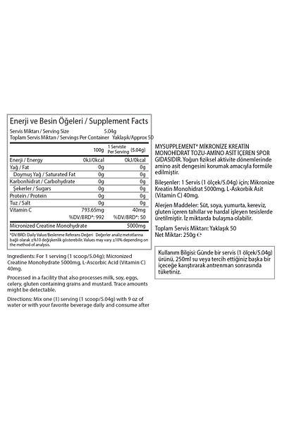 MYSUPPLEMENT Creatine 200 Mesh - Monohydrate Creatine 250gr, 50 Serve 100% Micronized Amino Acid