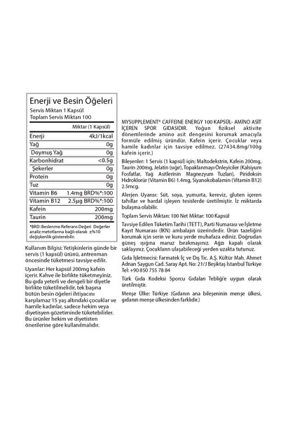 MYSUPPLEMENT Kafein 100 Kapsül Caffeine Energy Güç Ve Performans