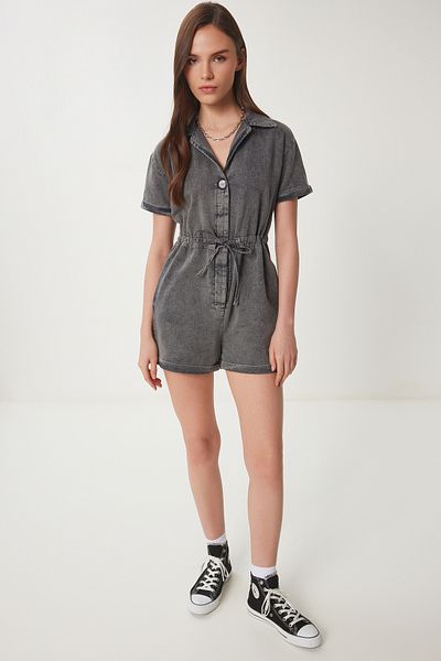 Happiness İstanbul Anthrazitfarbener, verwaschener Sommer-Gabardine-Jumpsuit mit Polokragen für Damen RG00053