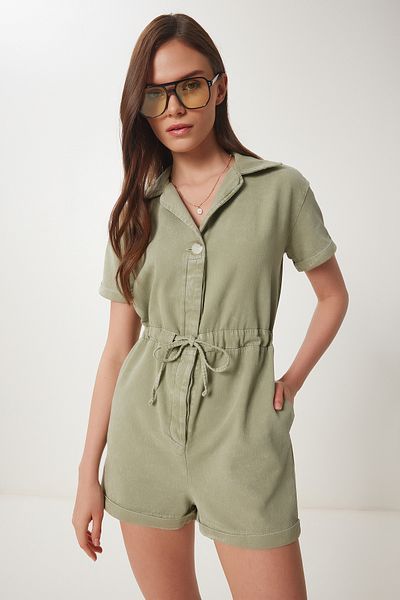 Happiness İstanbul Khakifarbener Damen-Overall aus gewaschenem Sommer-Gabardine mit Polokragen RG00053