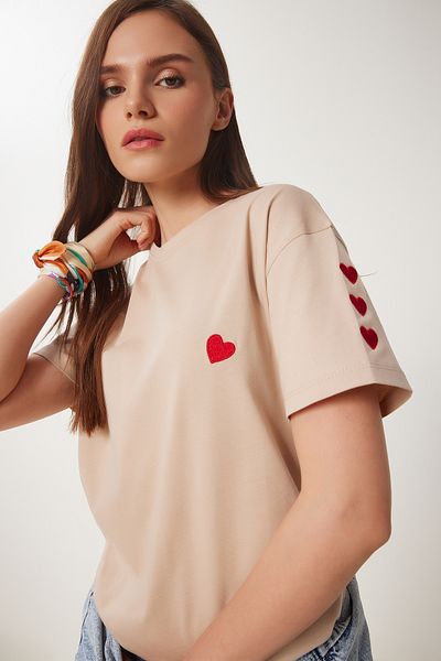 Happiness İstanbul Damen-T-Shirt aus Baumwolle mit Biscuit-Herz-Stickerei MP00032
