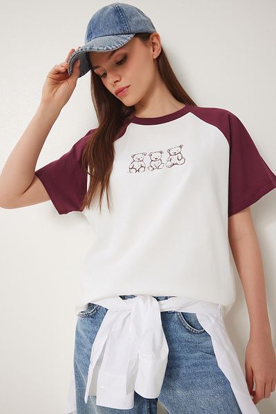 Happiness İstanbul Damen-T-Shirt aus gestrickter Baumwolle mit Knochen-Teddybär-Aufdruck in Burgunderrot CR00477