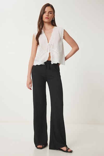 Happiness İstanbul Schwarze strukturierte Sommer-Strickhose mit weitem Bein für Damen ZV00272