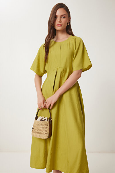 Happiness İstanbul Γυναικείο Λαδί Πράσινο Φόρεμα με Ζαρωμένο Μίντι Υφαντό UB00365