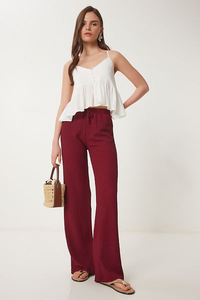 Happiness İstanbul Burgunderrote, strukturierte Sommer-Strickhose mit weitem Bein für Damen ZV00272
