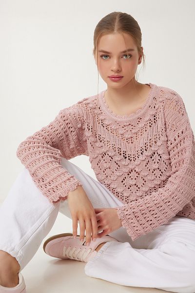 Happiness İstanbul Puderfarbener Turndown-Strickpullover mit U-Boot-Ausschnitt für Damen, Sommer, MW00107