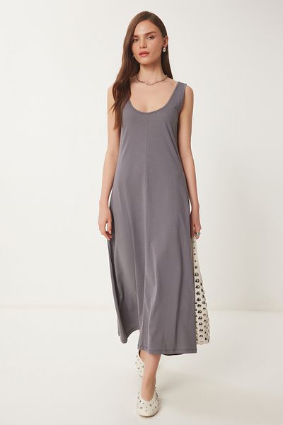 Happiness İstanbul Graues ärmelloses Basic-Sommer-Strickkleid für Damen CR00478