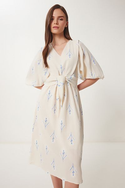 Happiness İstanbul Mit Jacke Sommer Midi Gürtel Kleid Blumenmuster Damen Creme DE00036