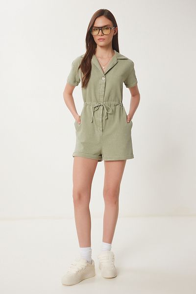 Happiness İstanbul Khakifarbener Damen-Overall aus gewaschenem Sommer-Gabardine mit Polokragen RG00053