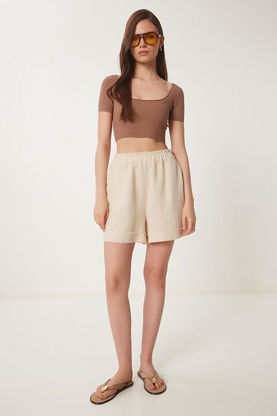 Happiness İstanbul Cremefarbene Damen-Musselin-Shorts mit Taschen RG00054