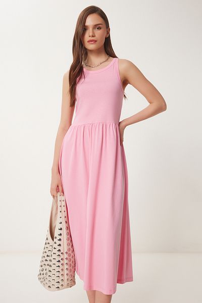 Happiness İstanbul Rosa Neckholder-Basic-Sommer-Strickkleid für Damen CR00474