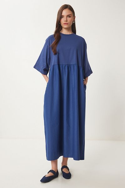 Happiness İstanbul Women's Navy Blue Stretchy Knitted Top Poplin Oversize Dress with Skirt Fz00002
