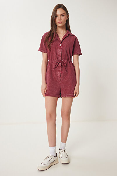 Happiness İstanbul Kadın Bordo Polo Yaka Yıkamalı Yazlık Gabardin Tulum RG00053