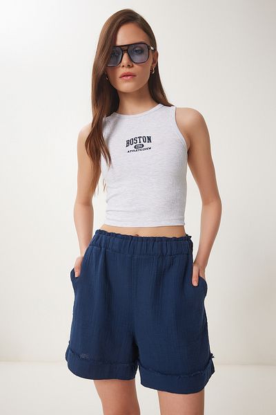 Happiness İstanbul Women's Navy Blue Pocket Muslin Shorts Rg00054