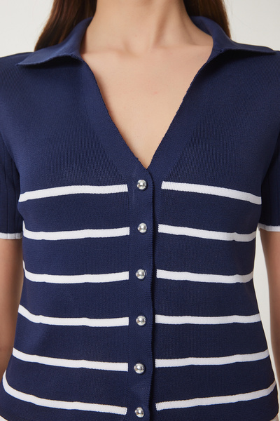 Happiness İstanbul Women's Navy Blue White Striped Seasonal Knitwear Cardigan Ub00367