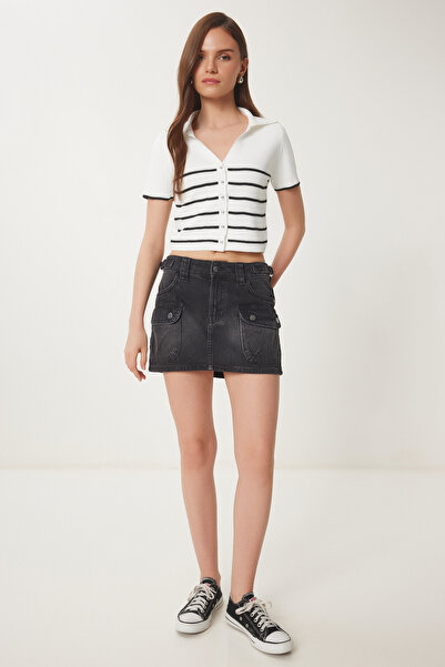 Happiness İstanbul Women's Ecru Black Striped Seasonal Knitwear Cardigan Ub00367