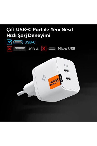 Spigen 35W GaN USB-C 2 Port Mini Adaptör Samsung PPS Destekli Hızlı Şarj Type-C PE2104 White - ACH03714