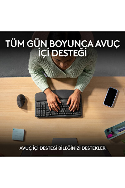 logitech Wave Keys Kablosuz Bluetooth Dolgulu Avuç İçi Destekli Ergonomik Türkçe Q Klavye, Siyah 920-012311