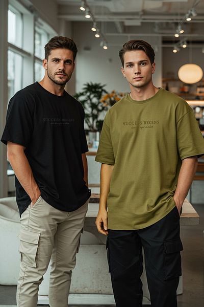 Trendyol Collection Χακί-Μαύρο Oversize/Wide Cut 2'li Πακέτο Τυπωμένο 100% Βαμβακερό T-Shirt TMNSS25TS00211