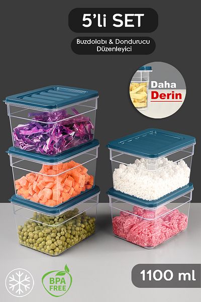 Meleni Home Blue Organizer Set of 5 - Deep Refrigerator, Microwave and Freezer Container, 1100ml