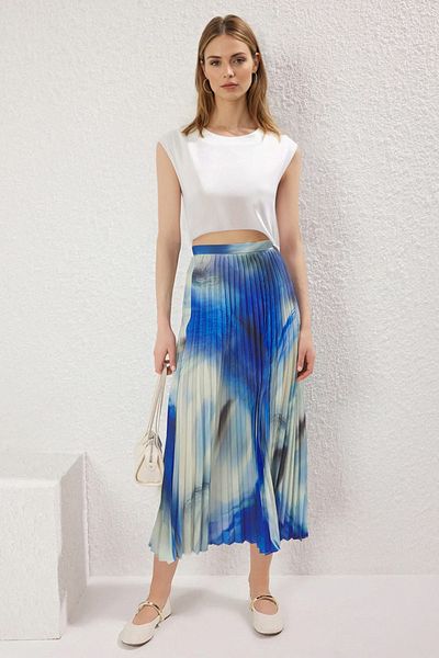 Trendyol Collection Blue Tie-Dye Patterned Pleated Midi Length Woven Skirt Twoss25Et00167