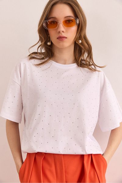Olalook Damen-T-Shirt mit weißem Aufdruck und Steindetails, reguläre Passform, TSH- 19000831