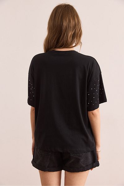 Olalook Women's Black Print Stone Detailed Regular Fit T-Shirt Tsh- 19000831