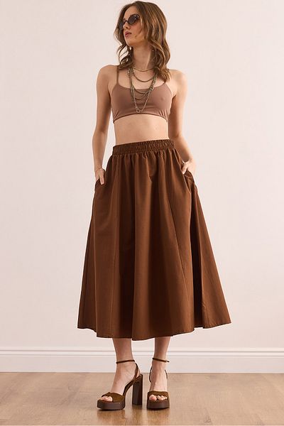 Olalook Damen Bitter Brown Midi gewebter Glockenrock mit elastischer Taille und Taschen ETK- 19000271