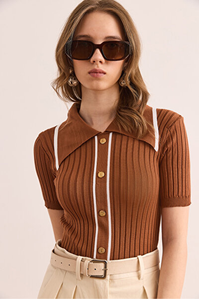 Olalook Women's Camel Hair Polo Neck Button Detailed Crop Knitwear Blouse Blz- 19002642