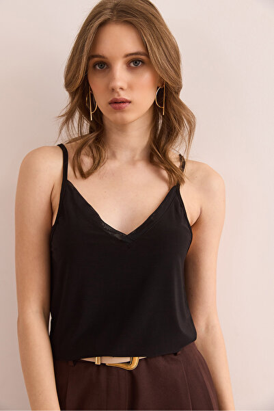 Olalook Women's Black Strappy Tulle Detailed Flowy Blouse Blz- 19002916