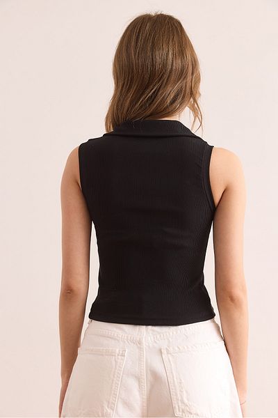 Olalook Schwarze Damen-Bluse mit Polokragen und geknöpftem Cord-Crop-Bluse BLZ- 19002876
