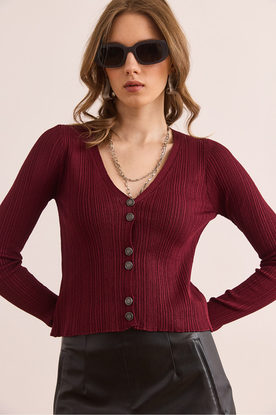 Olalook Kadın Bordo Düğme Detaylı Yumuşak Dokulu Triko Hırka HRK-19000352