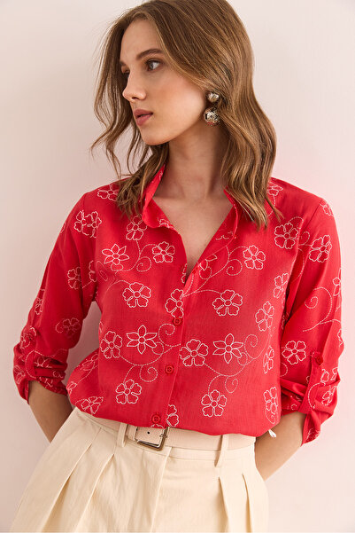 Olalook Women's Ivy Red Sleeve Folded Linen Shirt Gml- 19000825