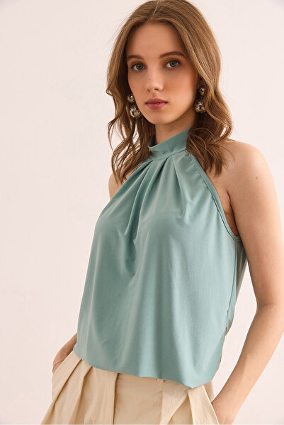 Olalook Γυναικεία μπλούζα με πράσινο γιακά με κουμπιά με λαιμόκοψη BLZ- 19002673