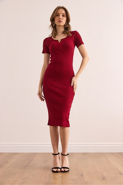 Olalook Rochie de damă din bumbac elastic cu detaliu metalic burgundy ELB- 19002369