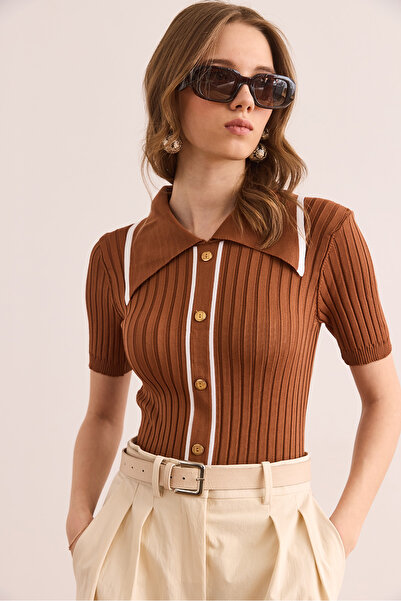 Olalook Women's Camel Hair Polo Neck Button Detailed Crop Knitwear Blouse Blz- 19002642