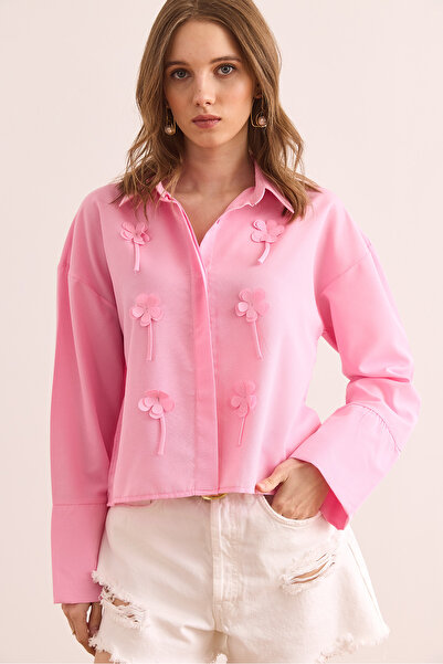 Olalook Γυναικείο πουκάμισο Candy Pink Crop με αξεσουάρ και κρυφές πατιλέτες GML- 19001314