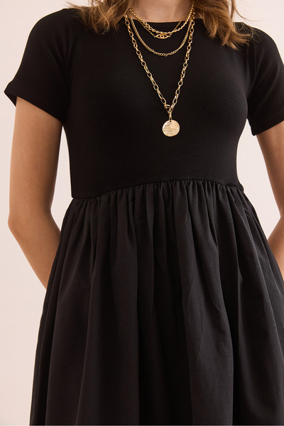 Olalook Dámské černé zdobené midi šaty s krátkým rukávem ELB- 19002366