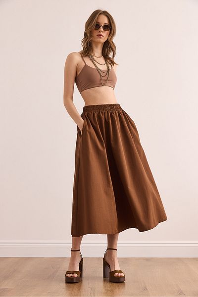 Olalook Damen Bitter Brown Midi gewebter Glockenrock mit elastischer Taille und Taschen ETK- 19000271