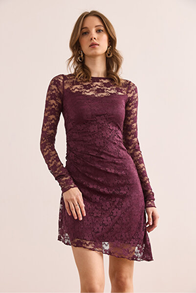 Olalook Kadın Mürdüm Astarlı Drape Detaylı Dantel Elbise ELB-19002367