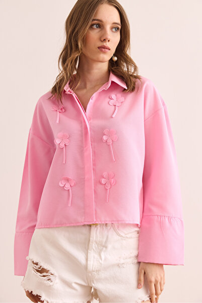 Olalook Γυναικείο πουκάμισο Candy Pink Crop με αξεσουάρ και κρυφές πατιλέτες GML- 19001314