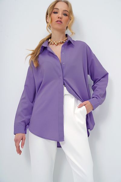 Trend Alaçatı Stili Lilafarbenes, übergroßes, langes, gewebtes Damenhemd ALC-X6828