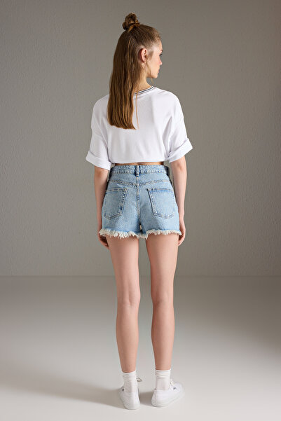 Trendyol Collection Világoskék magas derekú szakadt részletek mini farmer rövidnadrág TWOSS25SR00168