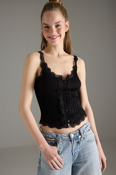 Trendyol Collection Black Lace Detailed Knitwear Thin Blouse Twoss25Bz00177