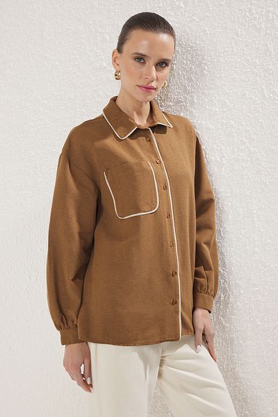 Trendyol Modest Hnědá oversize plátěná košile s lemováním TCTSS25TG00023