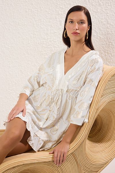 Trendyol Collection Plážové šaty s mini tkaným střapcem se vzorem šátku s doplňky TBESS25EL00096