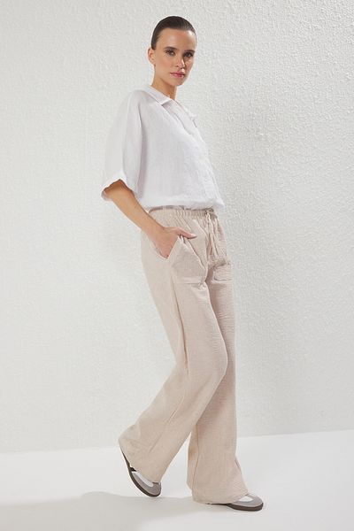 Trendyol Collection Stone Linen Look Wide Leg Woven Pants with Binding Detail Twoss25Pl00109