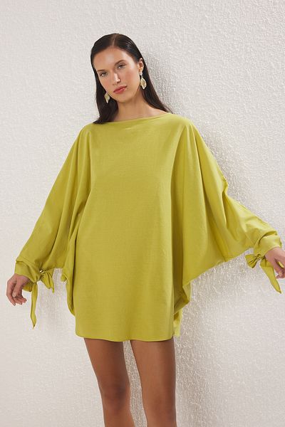 Trendyol Collection Oil Green Mini Woven Tie-Up 100% Cotton Beach Dress Tbess25El00040